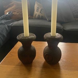 2 Textured Wood Taper Candle Holders